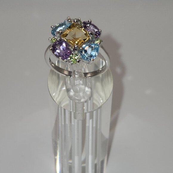 .925 Sterling Silver Citrine/Garnet/Peridot/Topaz Floral Ring Sz 8.75 Value $695 - Picture 6 of 9
